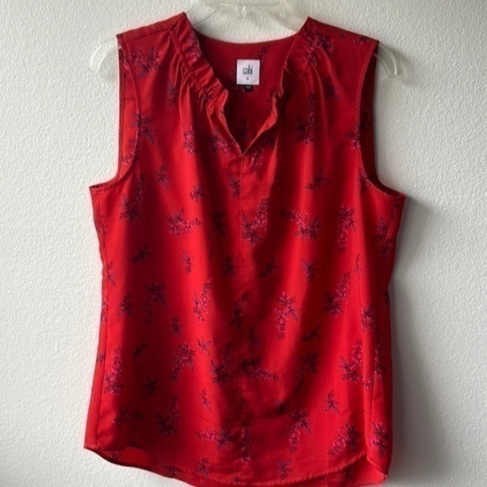 CAbi top red floral medium career ruffled neckline style #5222